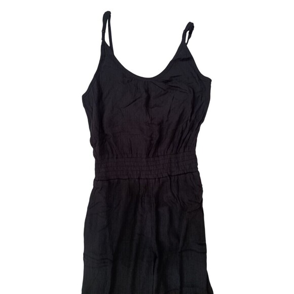 prAna Fernie Jumpsuit Womens XS Black Smocked Waist Crinkled Relaxed Wide Leg - Picture 3 of 10